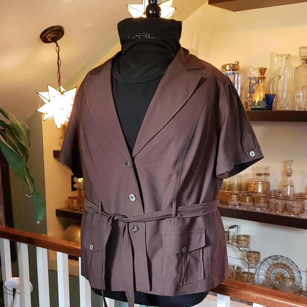 AGB Woman Brown Short Sleeve Safari Style Tie Belt Jacket